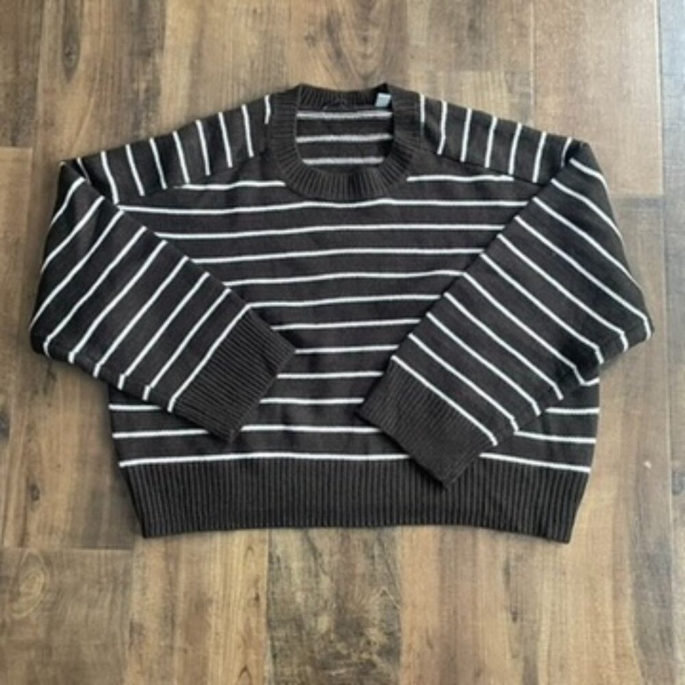 Tahari Womens Olive Green‎ White Striped Crewneck Sweater Knit Pullover Large